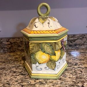 From Italy. Hexagonal Ceramic Canister with Fruit Design
